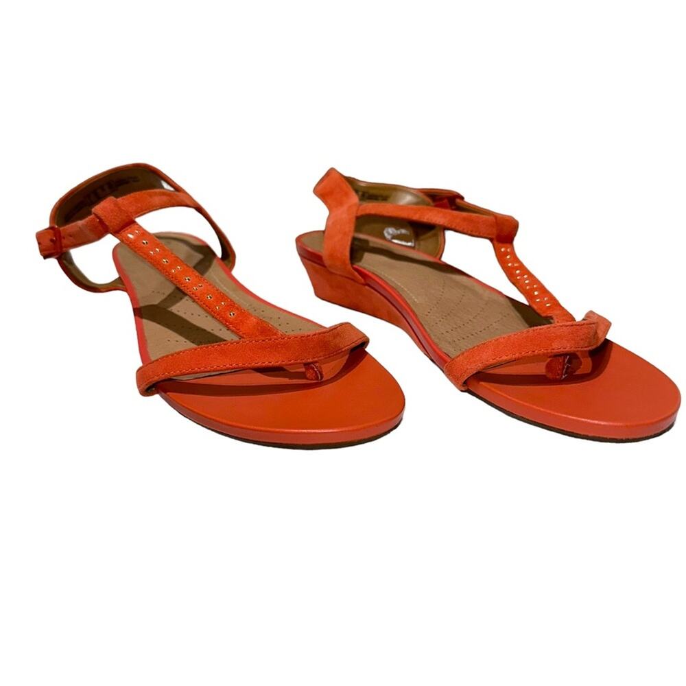CLARKS ARTISAN Suede Parram Blanc low wedge sandal, size9.5 NWT, orange/coral - Picture 9 of 14